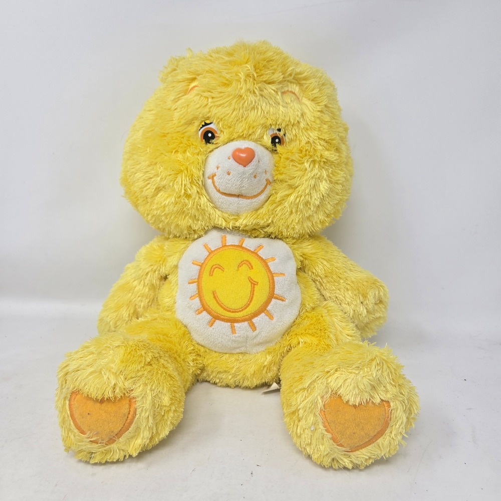 Care Bears Funshine Bear Yellow Plush 2006 Play Along Shaggy Fur Sun Belly Badge